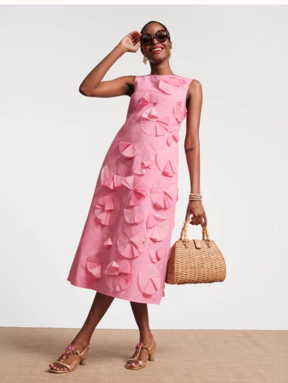 Frances Valentine Poplin Origami Flower Boatneck Sleeveless Midi Dress Small NWT - Picture 2 of 16